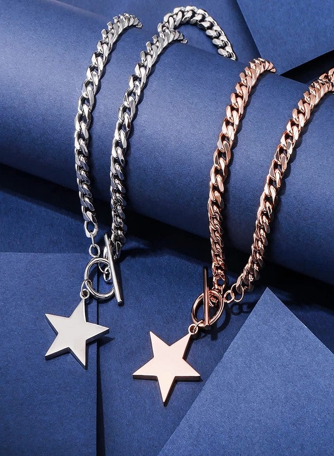 Aktully Silver Star Choker Necklace for Women - Stainless Steel Cuban Link With Toggle Clasp, Dainty Handmade Pendant Jewelry (Silver) - Image 2